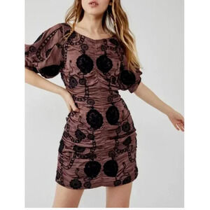 Free People Ruched Embroidered Puff Sleeve Mini Dress  XS